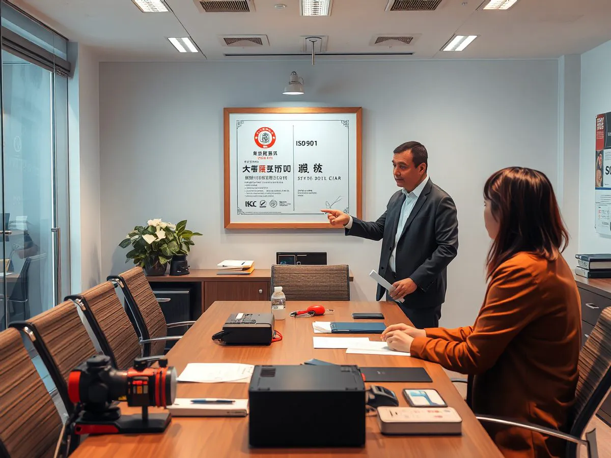 YSB办公室内展示ISO9001质量管理体系认证证书的场景